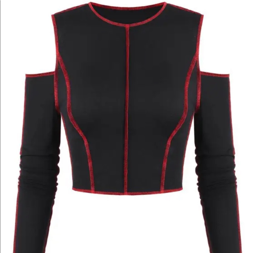 Black shoulder cut out top with red contrast stitch